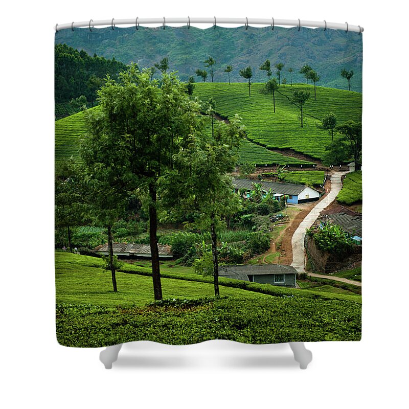 Tranquility Shower Curtain featuring the photograph Tea Pickers Village Near Munnar by Ania Blazejewska