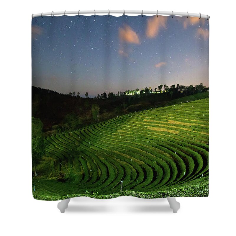 Tranquility Shower Curtain featuring the photograph Tea Plantations In Night Time by Monthon Wa