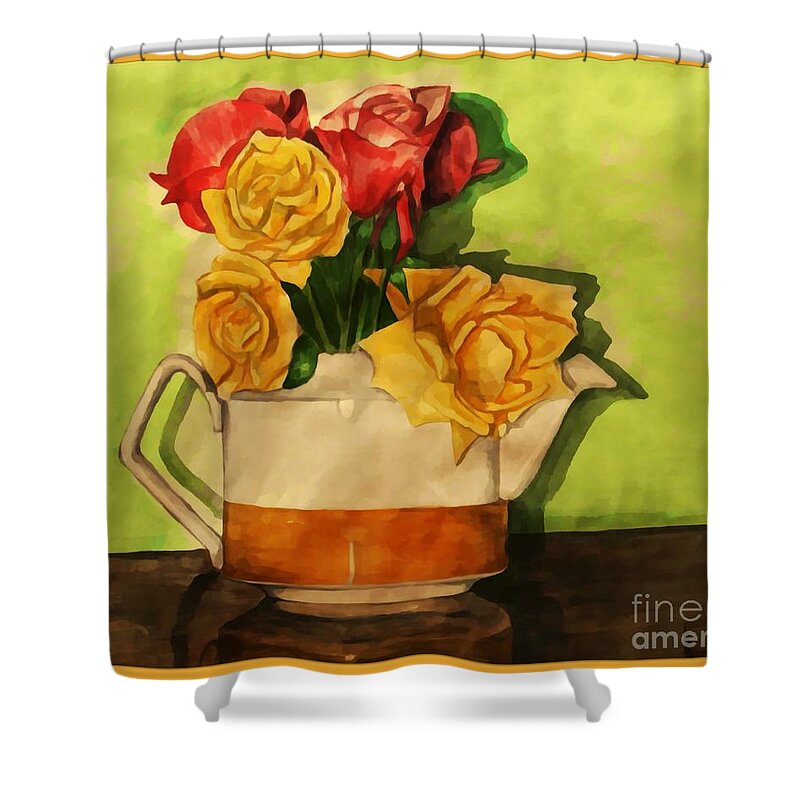 Tea Roses Shower Curtain featuring the painting Tea Roses Bordered by Joan-Violet Stretch