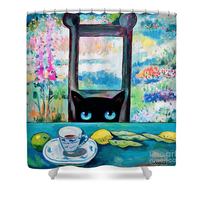 Cat Shower Curtain featuring the painting Tea Time Kitty by Shijun Munns