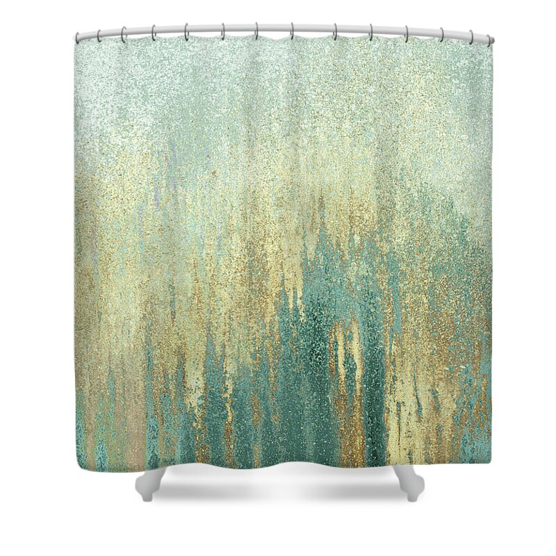 Teal Shower Curtain featuring the mixed media Teal Golden Woods by Roberto Gonzalez
