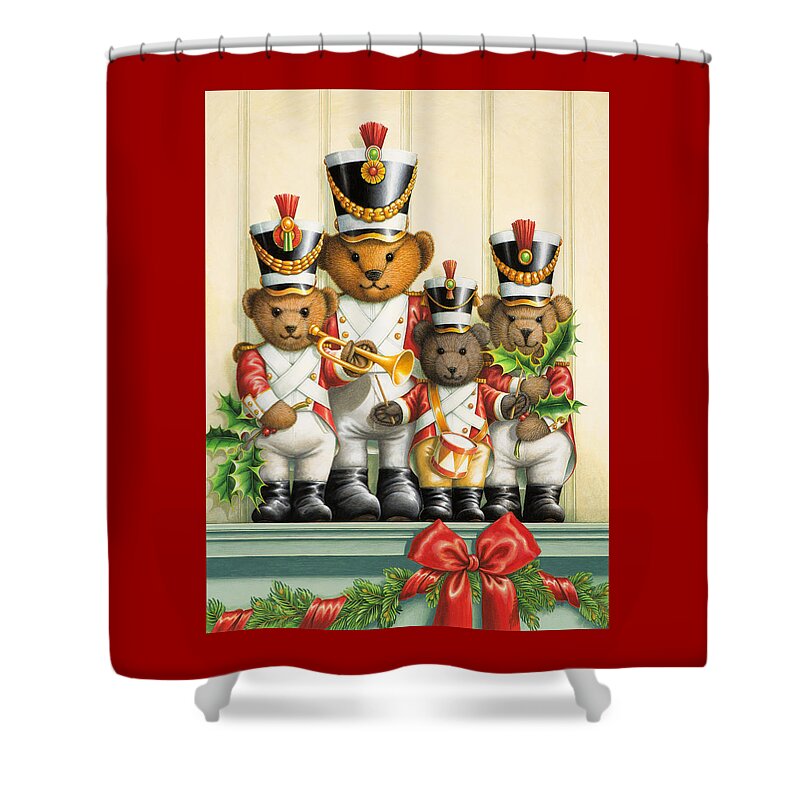 Christmas Shower Curtain featuring the painting Teddy Bear Band by Lynn Bywaters