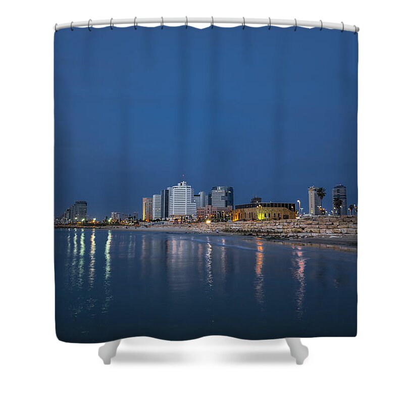 Judaica Shower Curtain featuring the photograph Tel Aviv the blue hour by Ron Shoshani