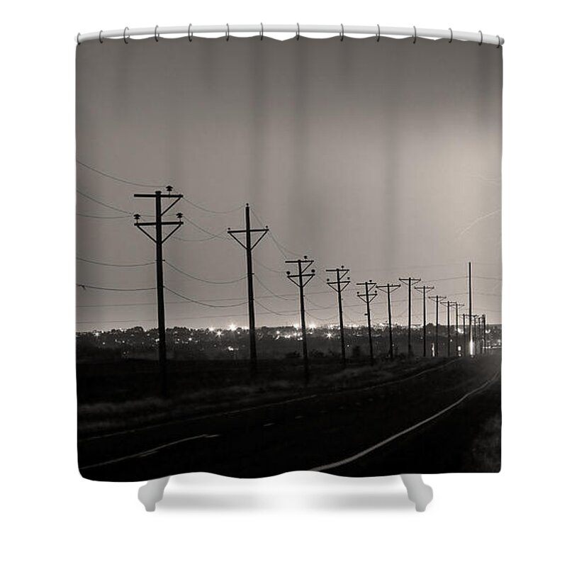 Lightning Shower Curtain featuring the photograph Telephone Poles Black and White Sepia by James BO Insogna