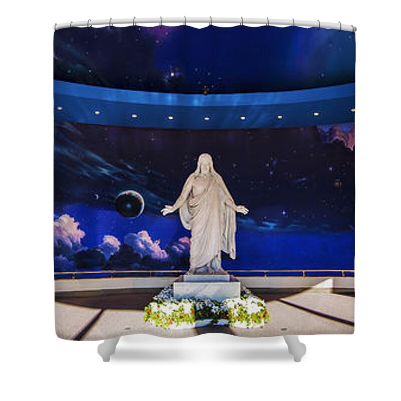 Utah Shower Curtain featuring the pyrography Temple Square Christus by Greg Collins