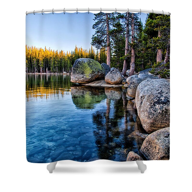 Lake Water Reflection Trees Forest Rocks Boulders Stone Granite Yosemite national Park California Scenic Nautre Landscape Shower Curtain featuring the photograph Tenaya Erratics by Cat Connor