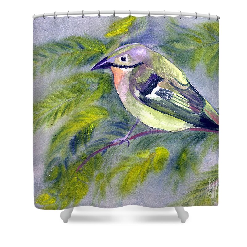 Animal Shower Curtain featuring the painting Tenerife Goldcrest by Donna Walsh