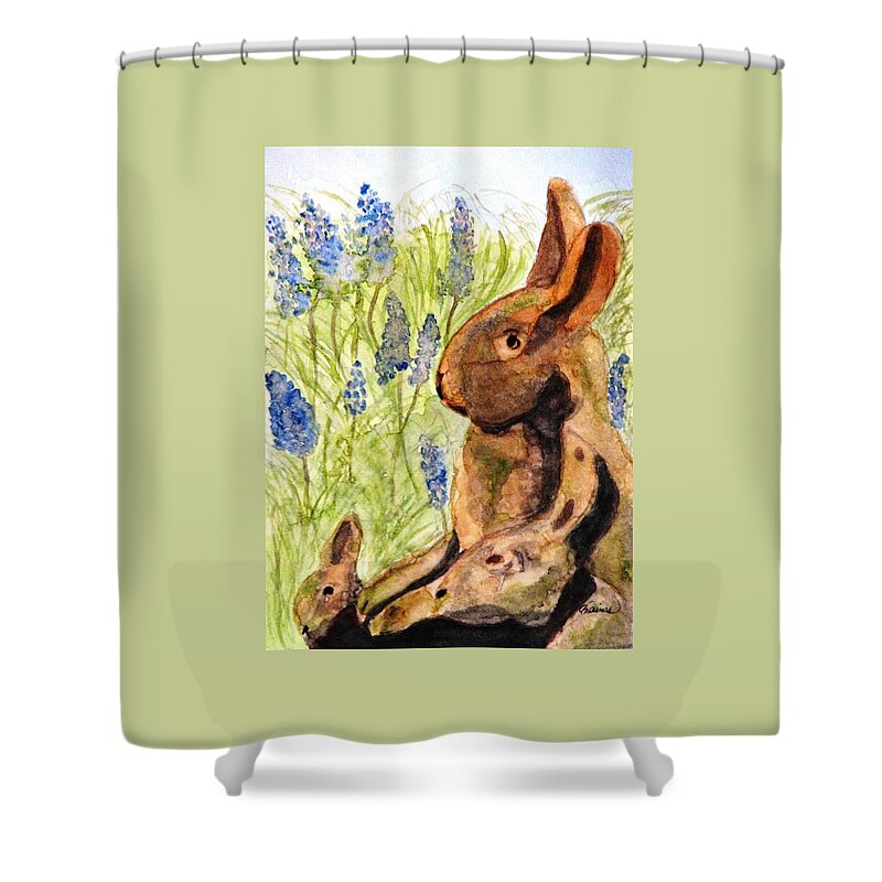 Rabbit Shower Curtain featuring the painting Terra Cotta Bunny Family by Angela Davies