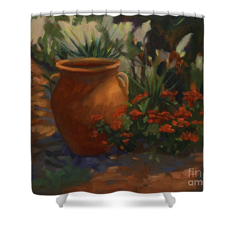 Contemporary Floral Shower Curtain featuring the painting Terra Cotta Garden by Maria Hunt