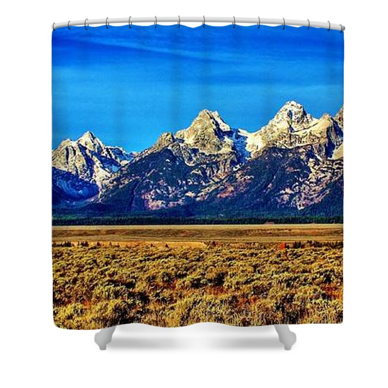 Grand Tetons Shower Curtain featuring the photograph Teton Panorama by Benjamin Yeager