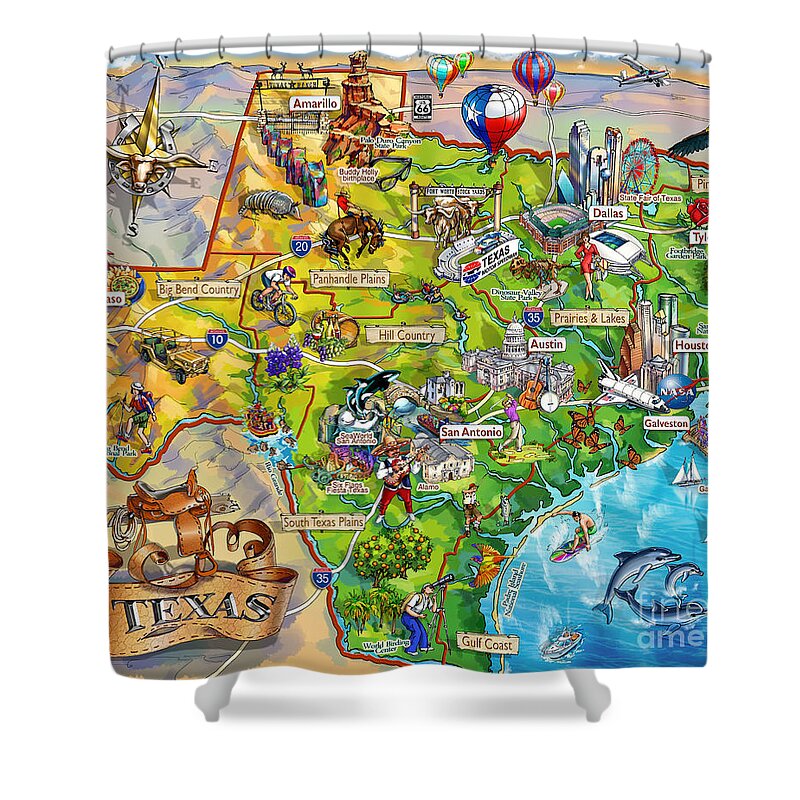 Texas Shower Curtain featuring the painting Texas Illustrated Map by Maria Rabinky