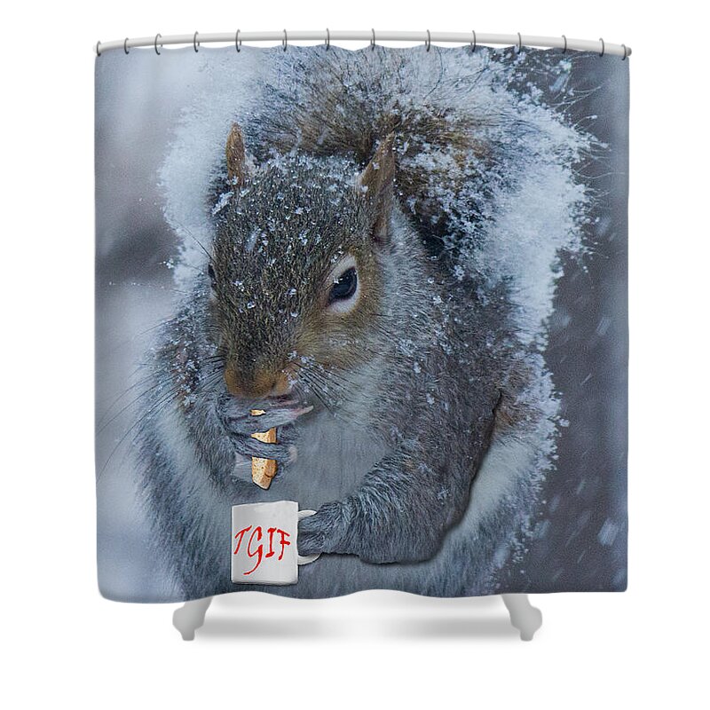 Winter Card Shower Curtain featuring the photograph TGIF with a cup of Coffee by Sandra Clark