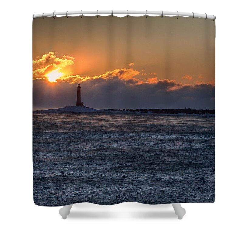 Gloucester Shower Curtain featuring the photograph Thacher Island lighthouse morning dawn by Jeff Folger