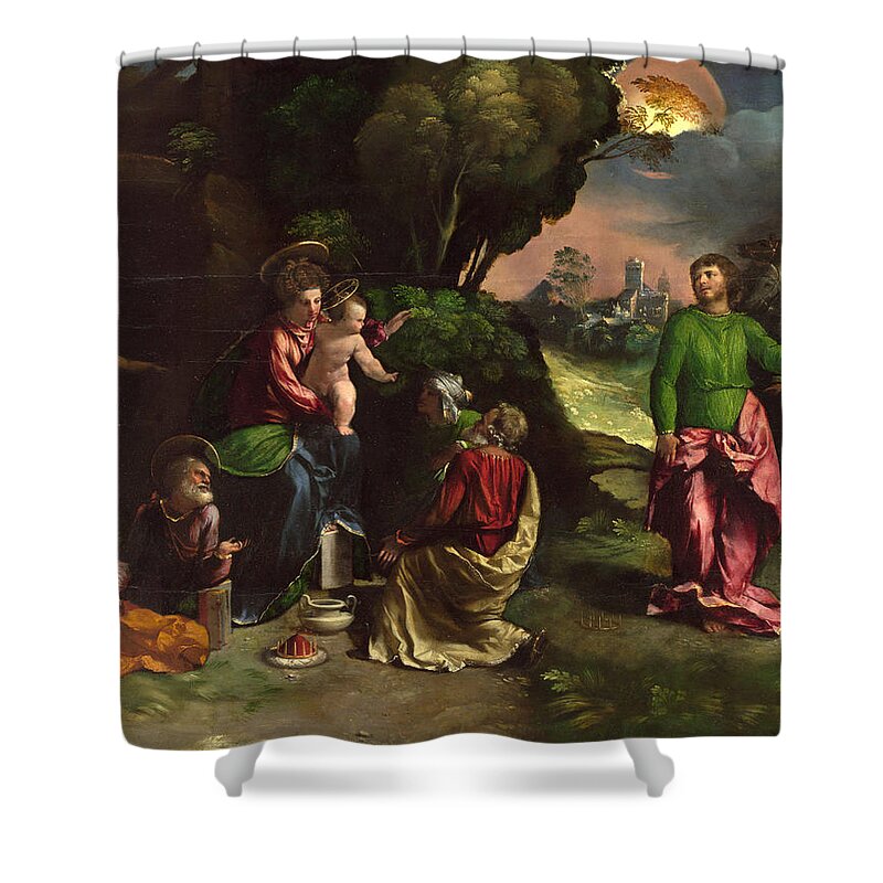 Dosso Dossi Shower Curtain featuring the painting The Adoration of the Kings by Dosso Dossi