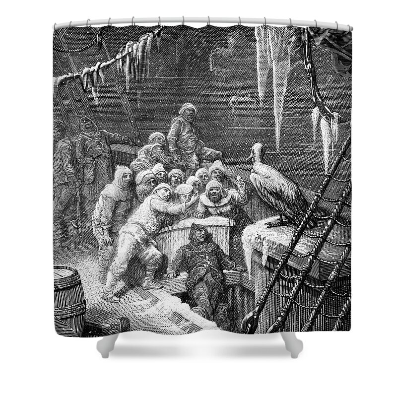 Antartic; Ice; Icebergs; Freezing; Sea; Bird; Dore Shower Curtain featuring the drawing The albatross being fed by the sailors on the the ship marooned in the frozen seas of Antartica by Gustave Dore