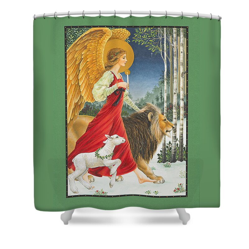 Angel Shower Curtain featuring the painting The Angel The Lion and The Lamb by Lynn Bywaters