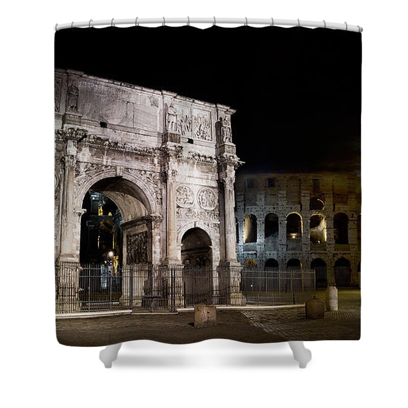Rome Shower Curtain featuring the photograph The Arch of Constantine and the Colosseum at night by Weston Westmoreland