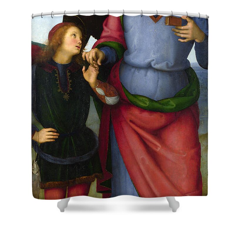 Pietro Perugino Shower Curtain featuring the painting The Archangel Raphael with Tobias by Pietro Perugino