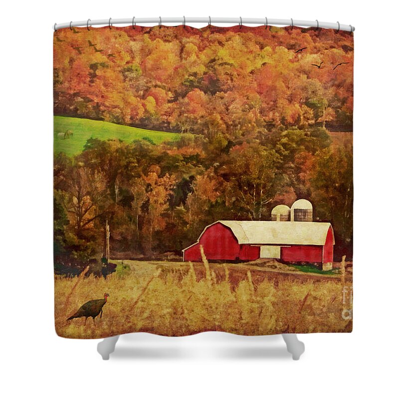 Autumn Shower Curtain featuring the digital art The Autumn Barn by Lianne Schneider