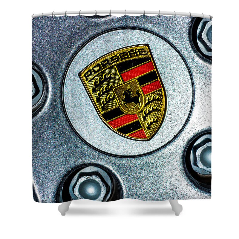 Porsche Shower Curtain featuring the photograph The Badge by Shannon Harrington