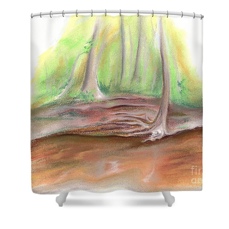 Landscape Shower Curtain featuring the pastel The Bank of Blackwater Creek by MM Anderson