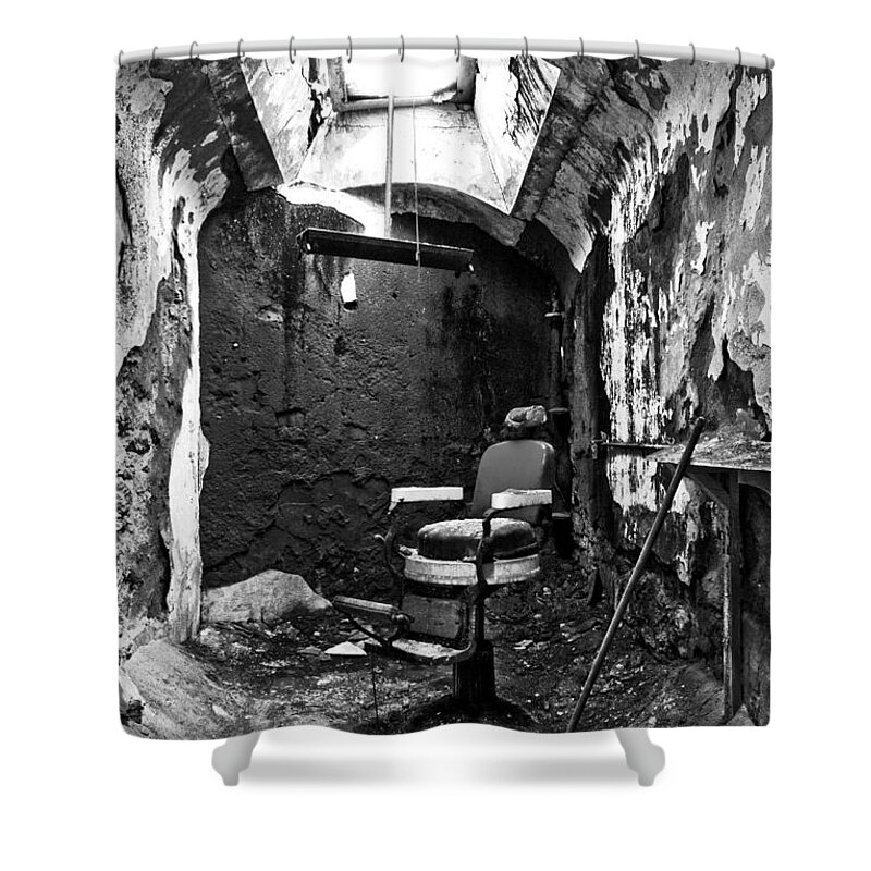 Eastern State Penitentiary Shower Curtain featuring the photograph The Barber Chair - BW by Paul W Faust - Impressions of Light