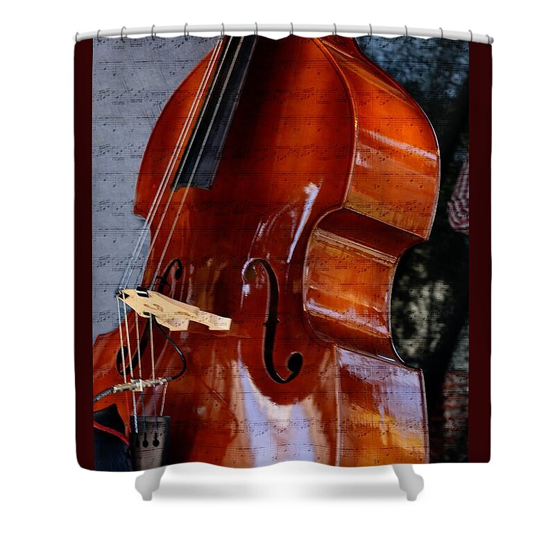 Bass Fiddle Shower Curtain featuring the mixed media The Bass of Music by Kae Cheatham