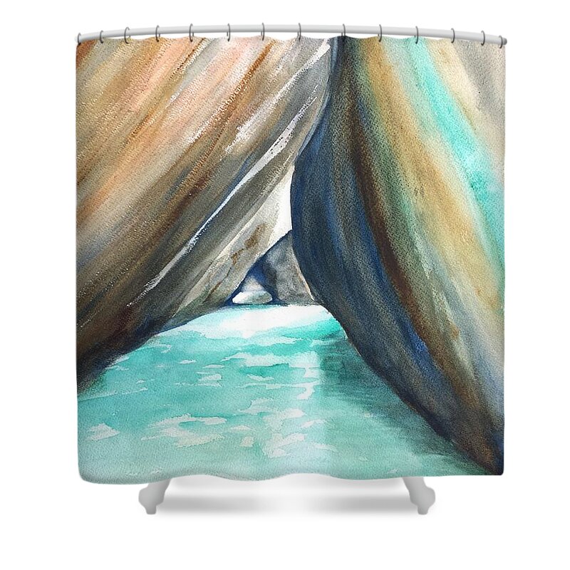 The Baths Shower Curtain featuring the painting The Baths Turquoise by Carlin Blahnik CarlinArtWatercolor