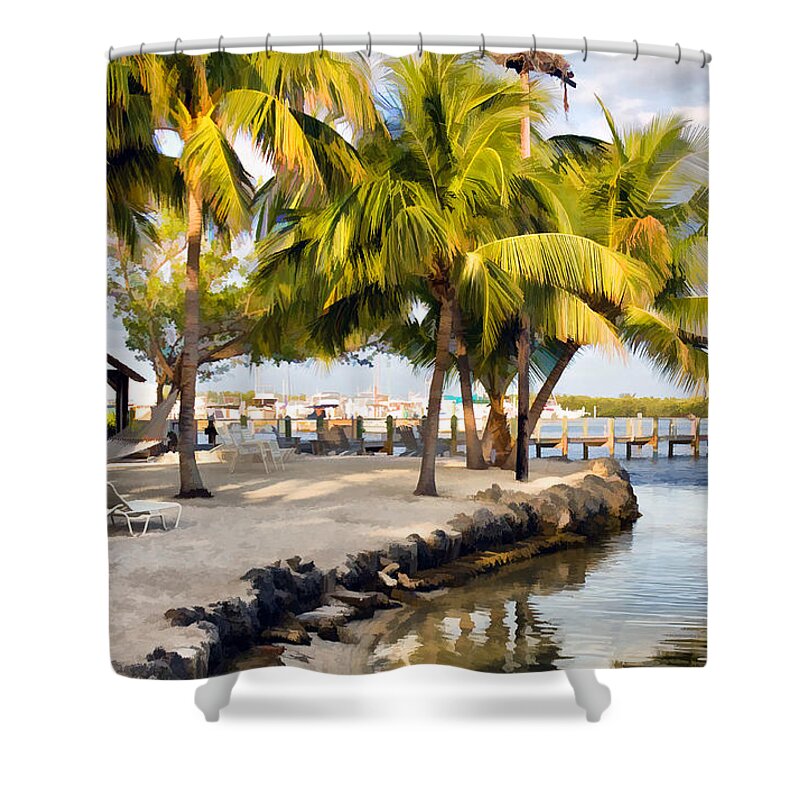 Tropical Island With Palm Trees Shower Curtain featuring the photograph The Beach at Coconut Palm Inn by Ginger Wakem