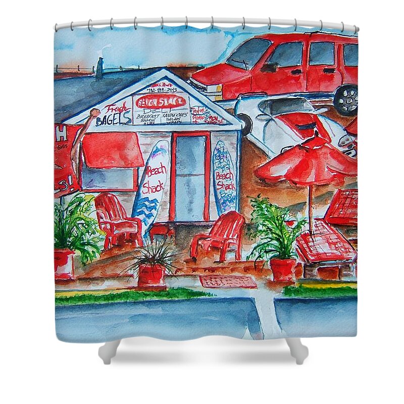 New Jersey Shore Shower Curtain featuring the painting The Beach Shack by Elaine Duras