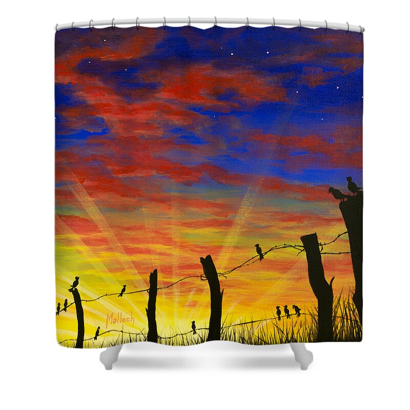 Barbwire Fence Shower Curtain featuring the painting The Birds - Red Sky at Night by Jack Malloch