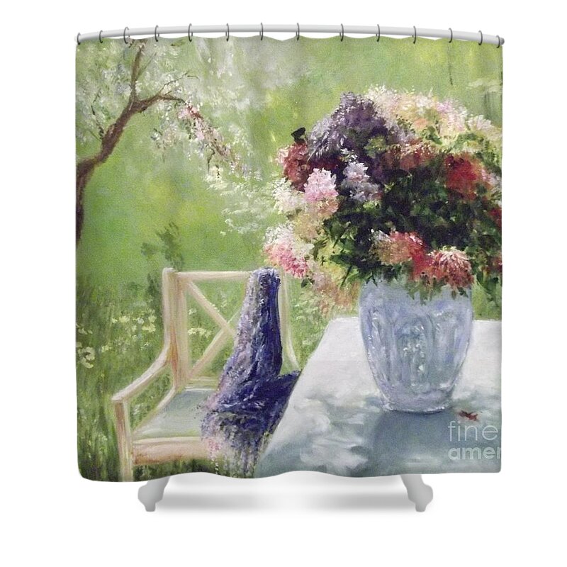 Garden Shower Curtain featuring the painting The Blue Silk Scarf by Lizzy Forrester