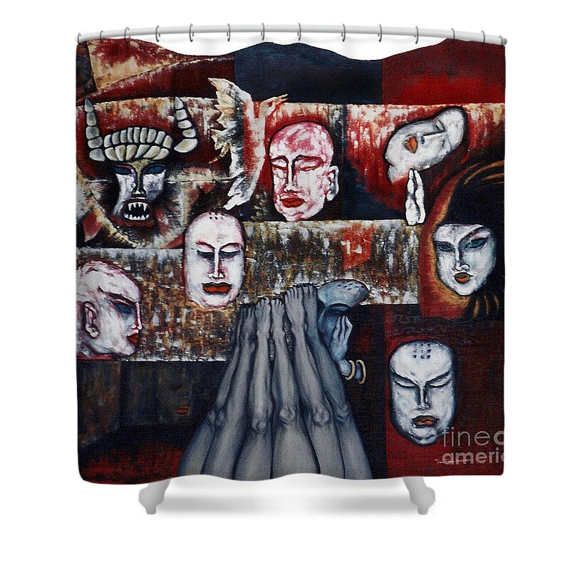Surrealism Shower Curtain featuring the painting The Buddhism Conception and The Human World by Fei A