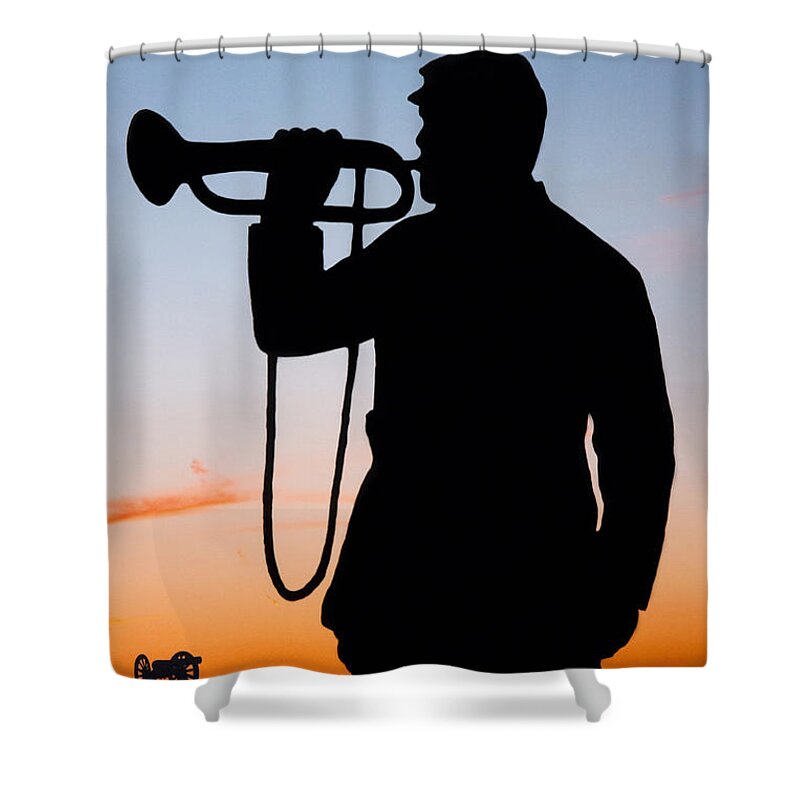Bugler Shower Curtain featuring the painting The Bugler by Karen Lee Ensley