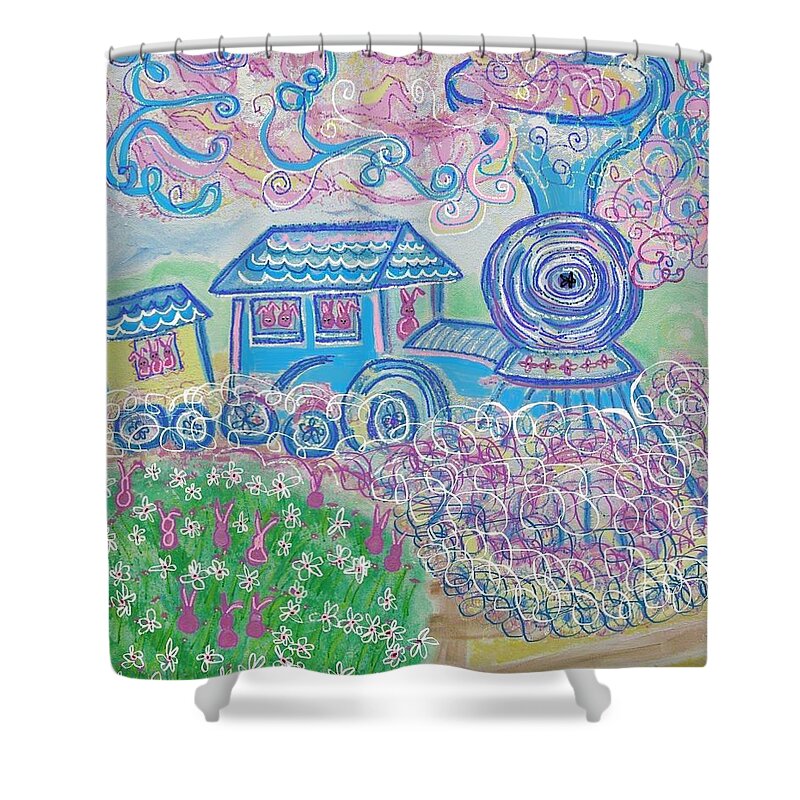 Bunnies Shower Curtain featuring the painting The Bunny Train by Diane Pape