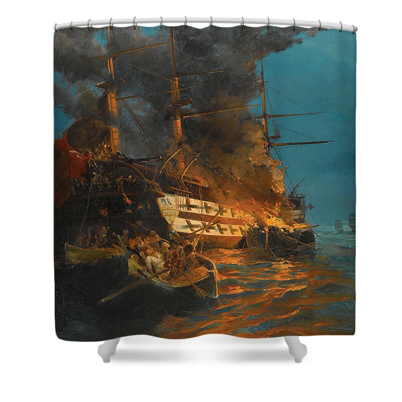 Konstantinos Volanakis Shower Curtain featuring the painting The burning of a Turkish frigate by Konstantinos Volanakis
