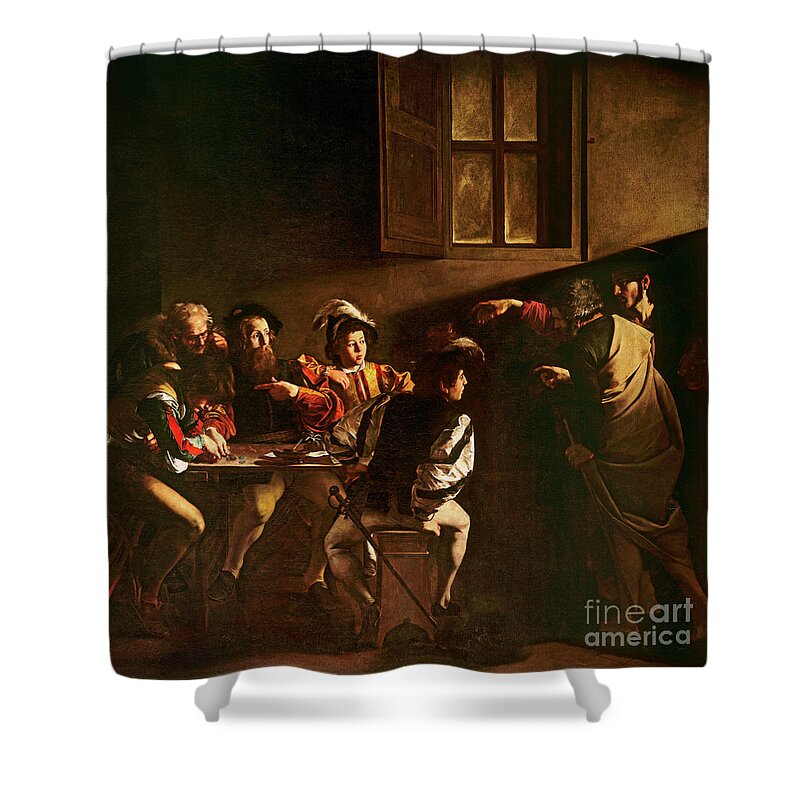 Chiaroscuro Shower Curtain featuring the painting The Calling of St Matthew by Michelangelo Merisi o Amerighi da Caravaggio