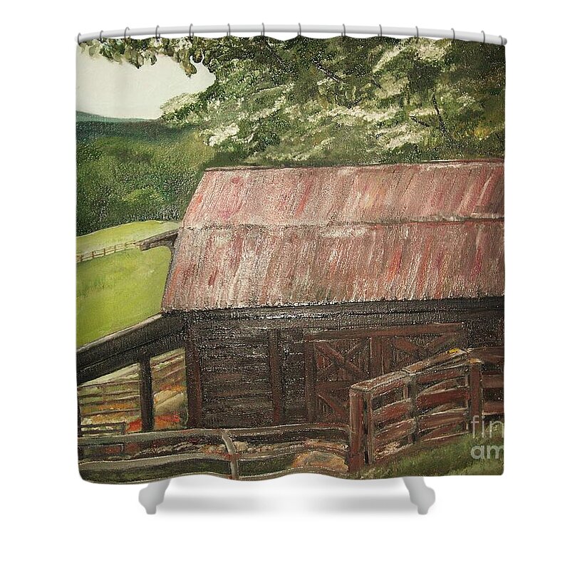 Old Barn Shower Curtain featuring the painting The Cherrys Barn by Jan Dappen