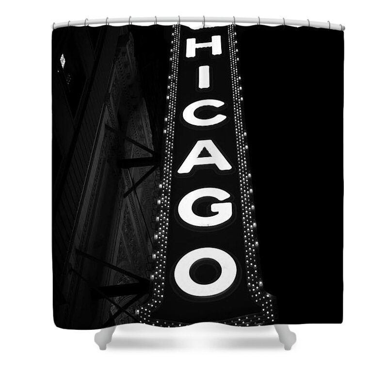 America Shower Curtain featuring the photograph The Chicago Theater Sign im Black and White by Paul Velgos