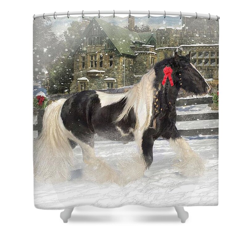 Christmas Shower Curtain featuring the mixed media The Christmas Pony by Fran J Scott