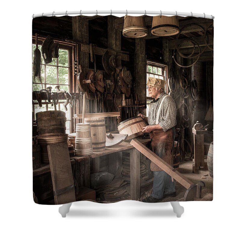 Cooper Shower Curtain featuring the photograph The Cooper - 19th Century Artisan in his Workshop by Gary Heller