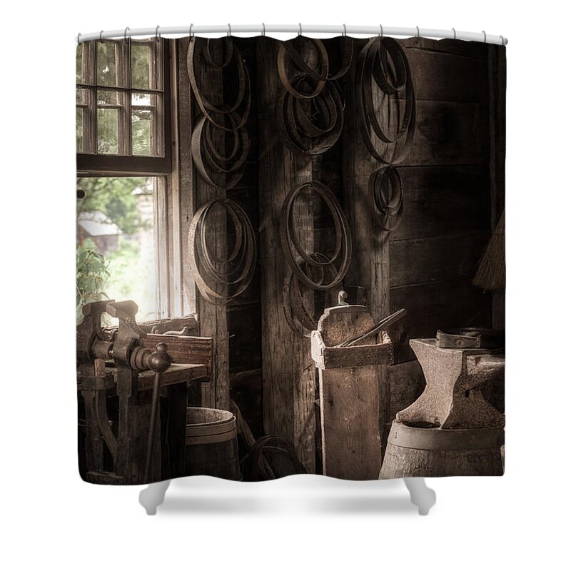 Cooper Shower Curtain featuring the photograph The Coopers window - A glimpse into the Artisans Workshop by Gary Heller