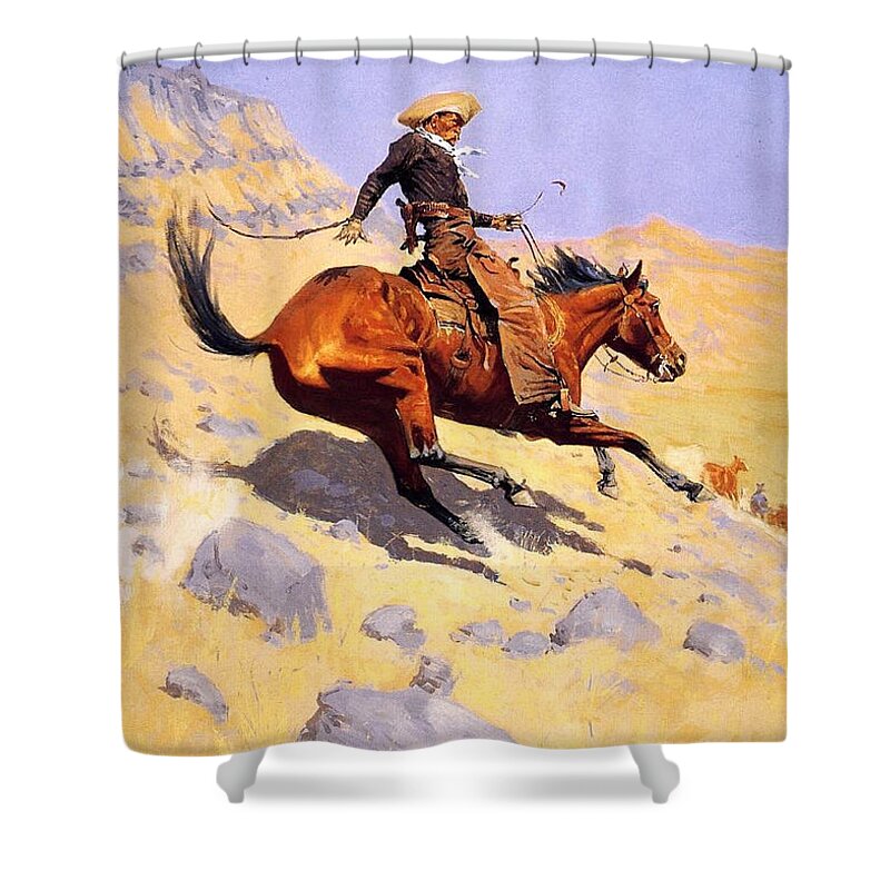 The Cowboy With Shower Curtain featuring the digital art The Cowboy by Fredrick Remington