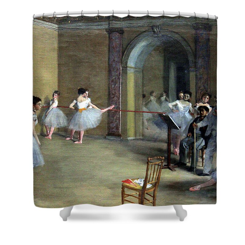The Dance Foyer At The Opera On The Rue Le Peletier Shower Curtain featuring the painting The Dance Foyer at the Opera on the rue Le Peletier #1 by Georgia Clare