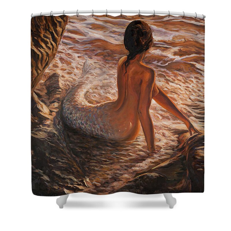 Mermaid Lady Water Sunset Waves Light Sea Sensual Fish Fantasy Siren Reef Back Woman Ocean Light Shower Curtain featuring the painting The daughter of the sea by Marco Busoni