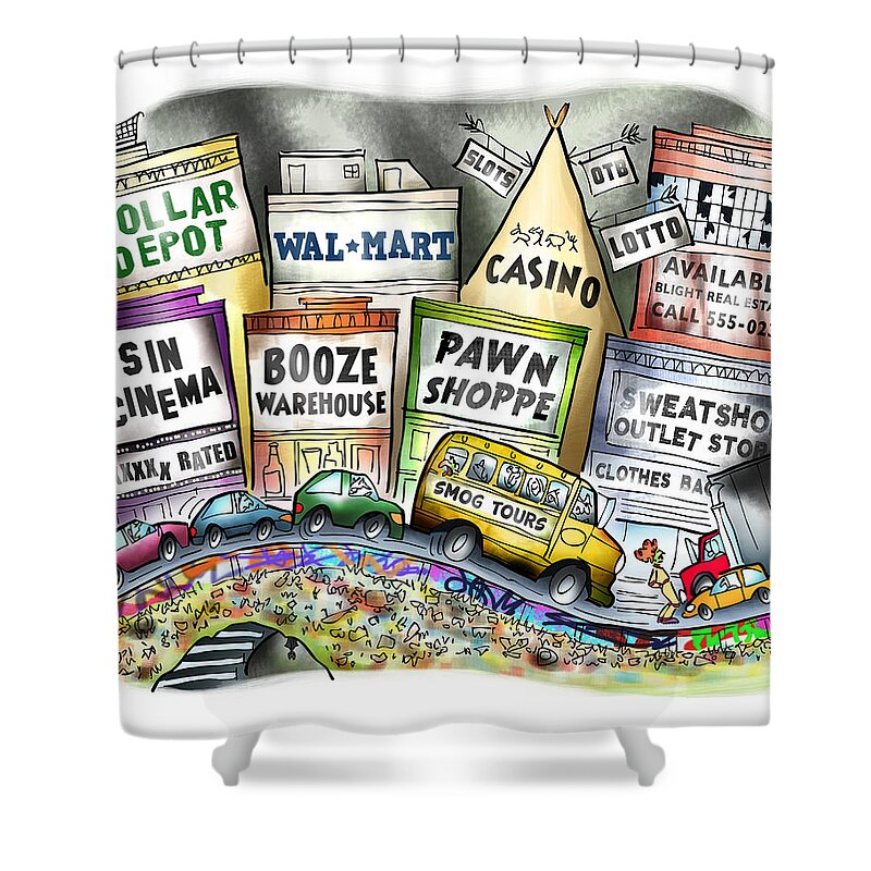 Urban Shower Curtain featuring the digital art The Delights Of Modern Civilization by Mark Armstrong