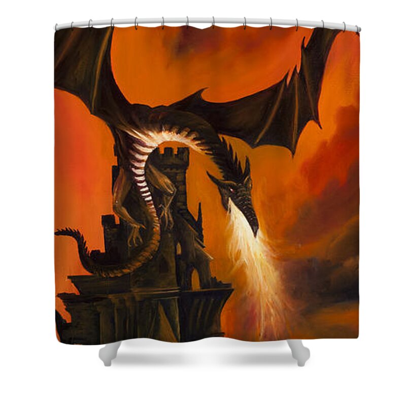 Fantasy; James Christopher Hill; James Hill Gallery; Red; Sunrise; Sunset; Power; Glory; Cloudscape; Skyscape; Purple; Blue; Landscape; Mid-evil; Storm; Tornado; Lightning; Dragon; Sky; Gothic; Castle; Germany Shower Curtain featuring the painting The Dragon's Tower by James Hill