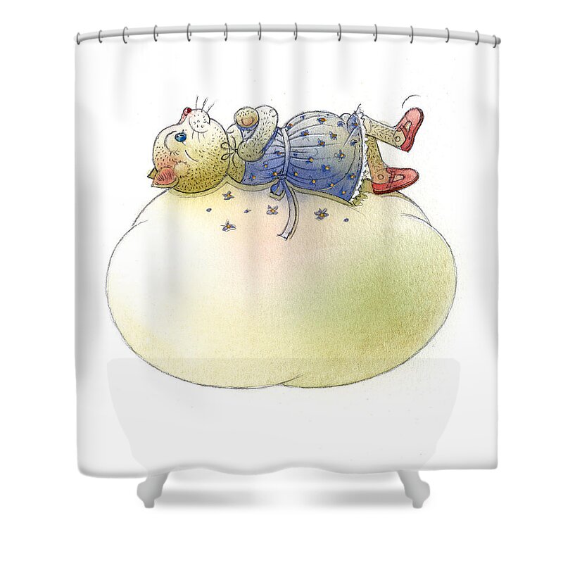 Cat Cloud Sky Blue Flying Shower Curtain featuring the painting The Dream Cat 02 by Kestutis Kasparavicius