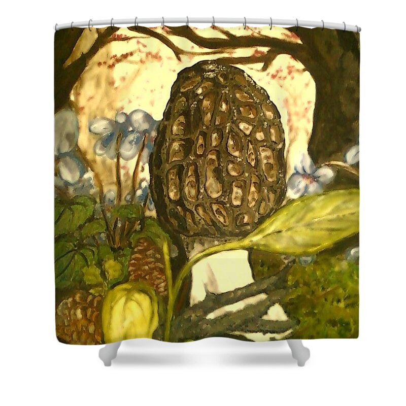 Morel Shower Curtain featuring the painting The Elusive Morel Among Violets by Alexandria Weaselwise Busen