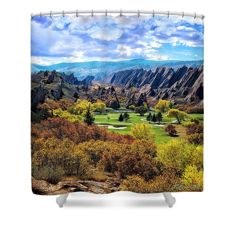 Blue Shower Curtain featuring the photograph A day at Arrowhead Golf Club is a great experience by Lena Owens - OLena Art Vibrant Palette Knife and Graphic Design